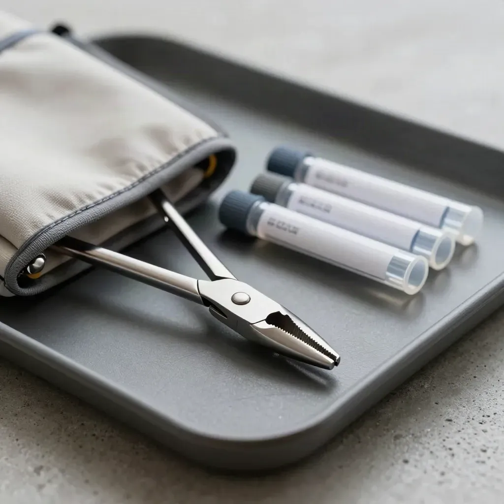 Macro overhead of medical forceps, cuff, sample tubes and tray on brushed concrete.