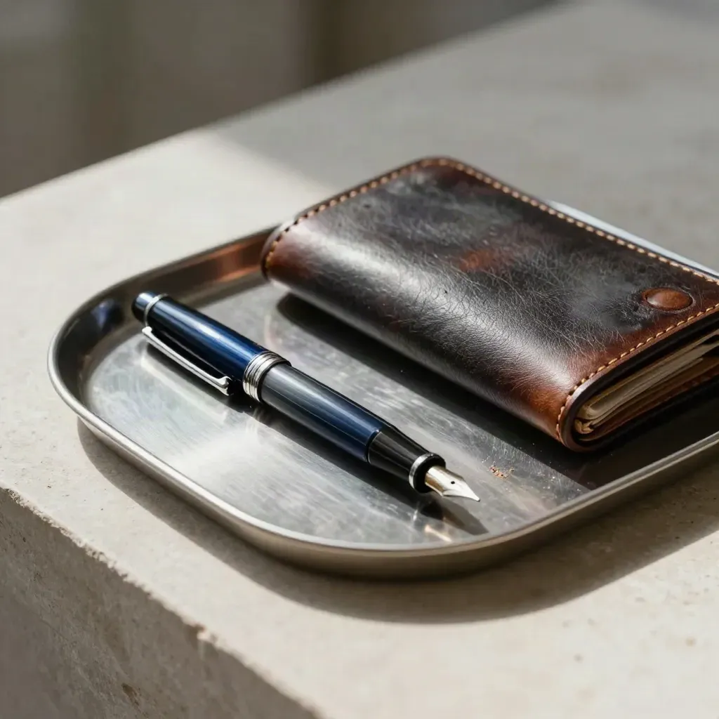 Coin tray, leather portfolio case, and fountain pen on pale stone in soft daylight.