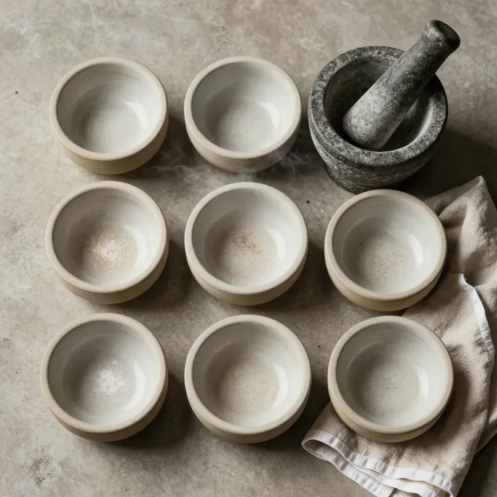 Top-down still life of ceramic tasting bowls, a mortar and pestle, linen, and steam on concrete.