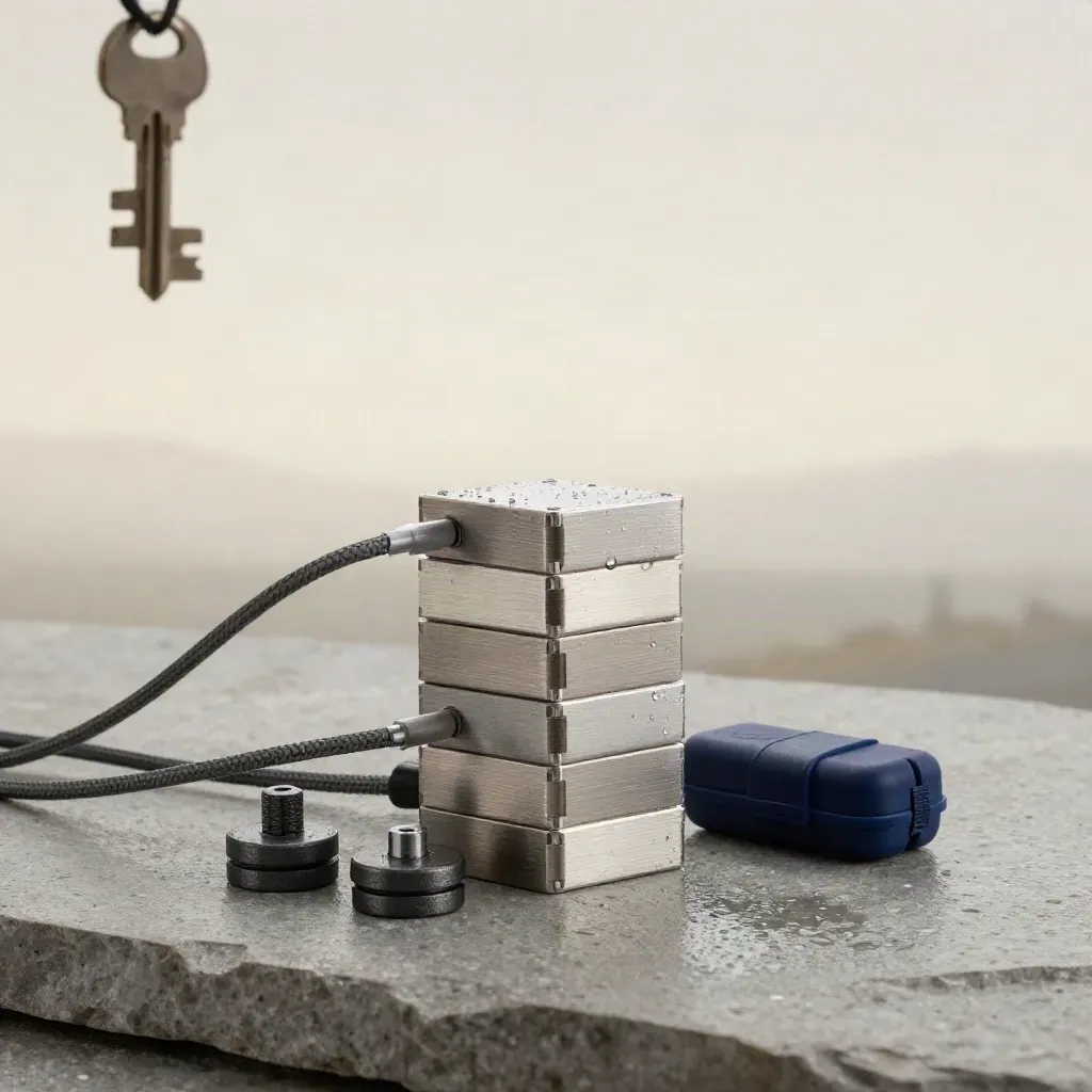 Brushed-aluminum data toolkit on stone with cables, weights and a midnight-blue case in dawn mist.