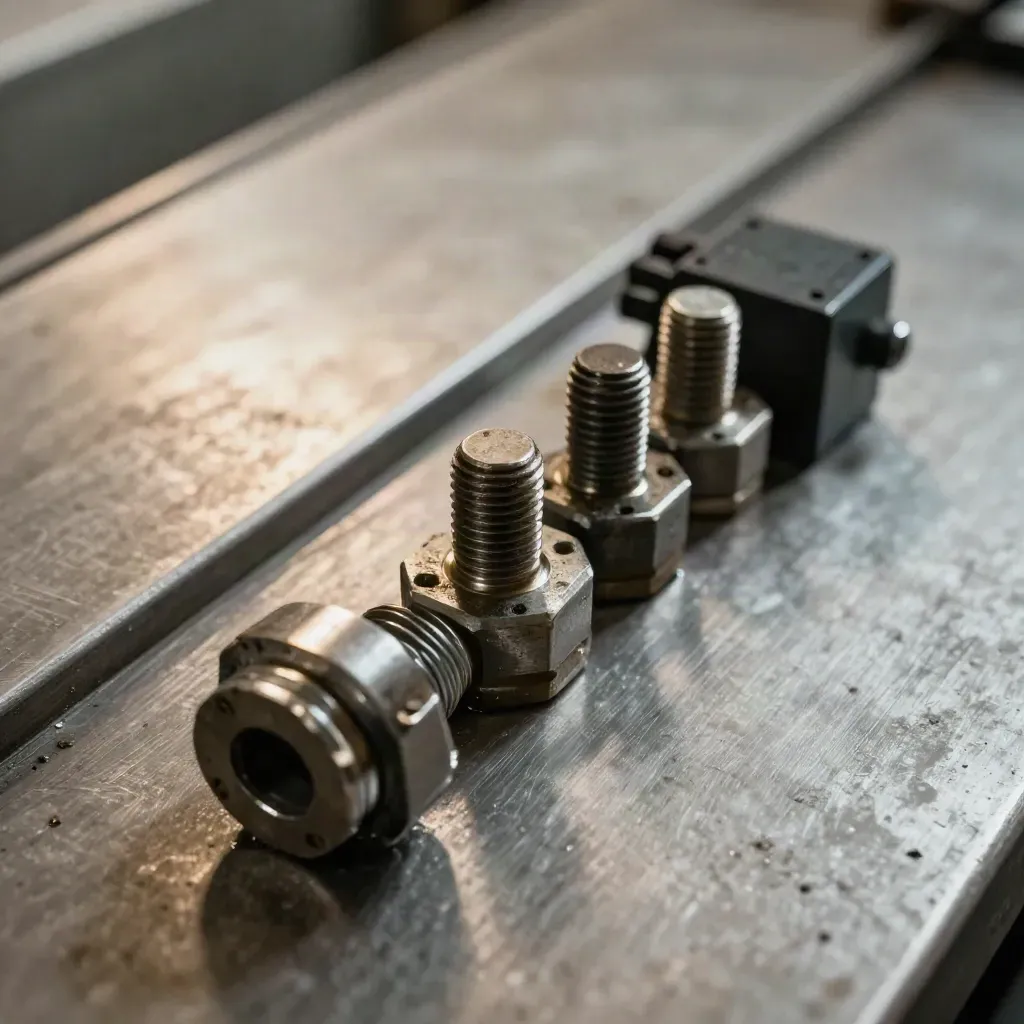 Rail coupling pin, relay block, and bolt set on brushed steel in a premium macro still life.