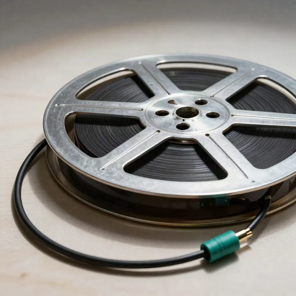 Film reel, splicing tool, and coiled cable on pale wood with dramatic studio light.
