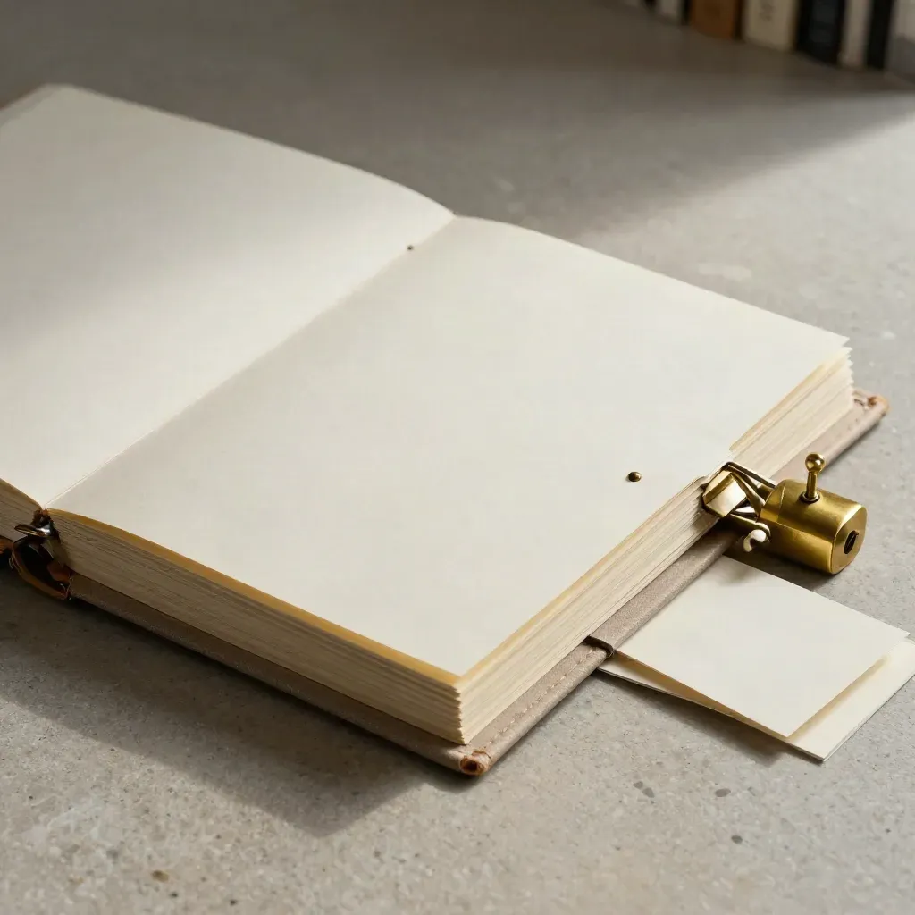 Top-down macro of a report binder with dividers, brass paperweight, and clipped index cards on stone.