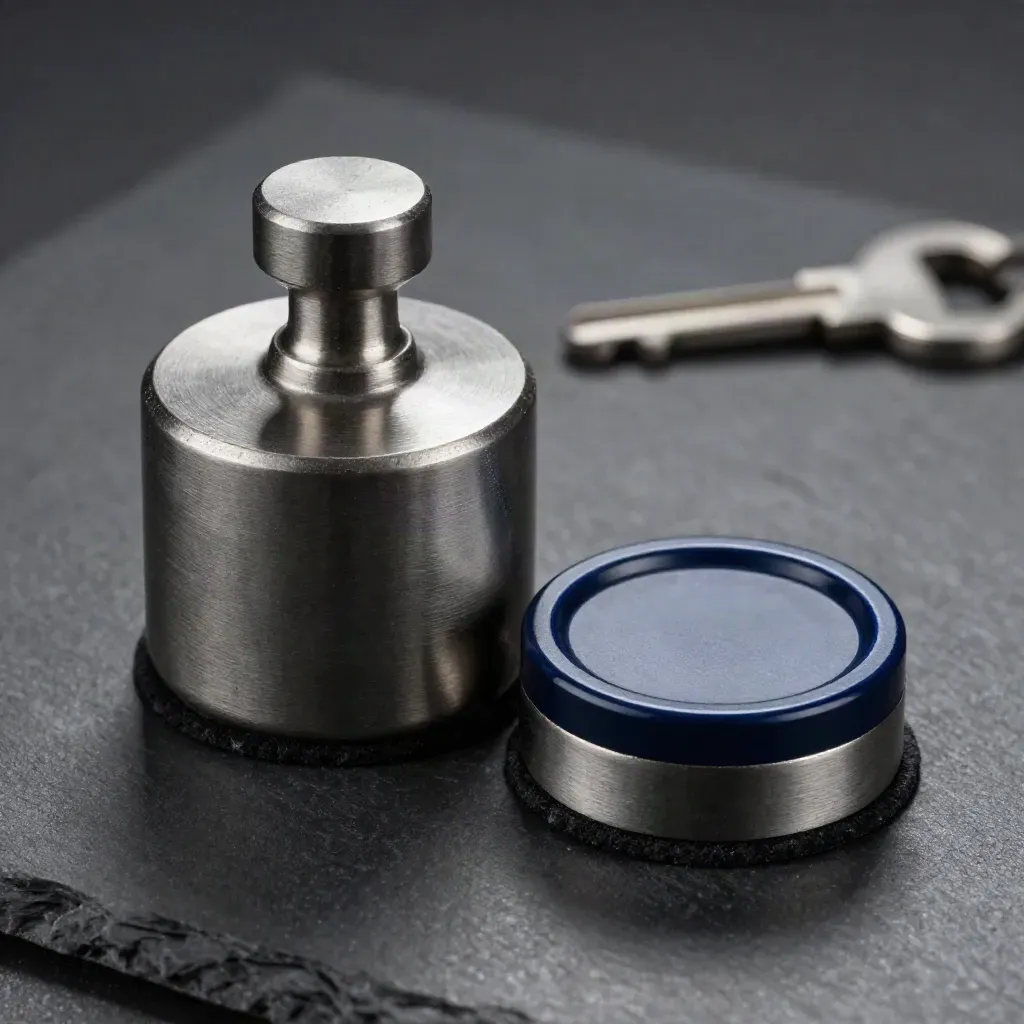 Graphite calibration weights and a weighted puck on basalt, lit dramatically in a premium still life.