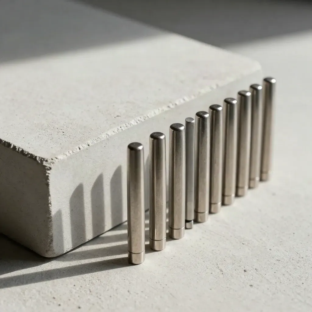 Metal tally markers and a reference block on pale concrete under soft studio light.