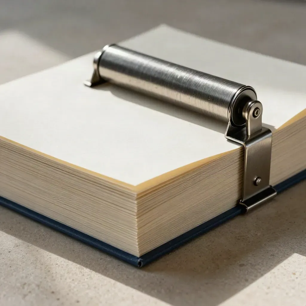 Cream folios, metal clips, and a tray roller on pale stone under raking light.