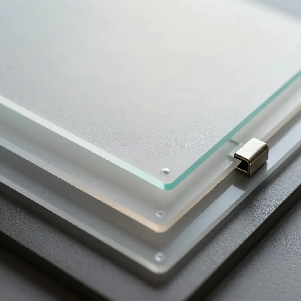 Translucent acrylic layers, frosted template plate and steel clip on brushed metal, overhead macro
