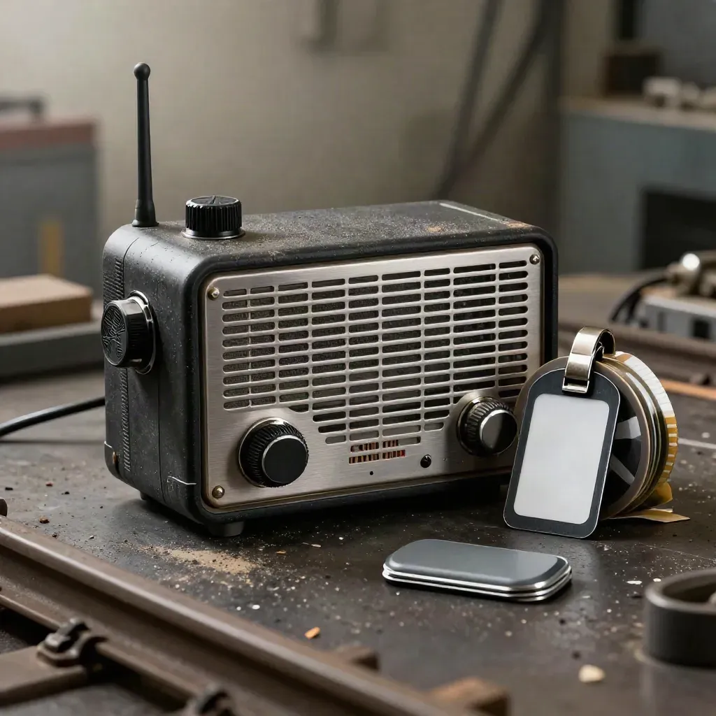 Industrial radio, RFID puck, and asset-tag reel on a dusty workbench, shot through a blurred rail.