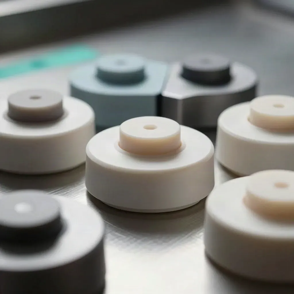 Prototype shells, button caps and adhesive dots on brushed metal with a teal accent.