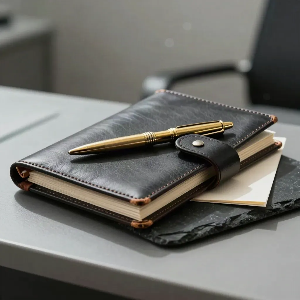 Closed leather folio, brass pen, and ivory paperweight on slate under hard side light.