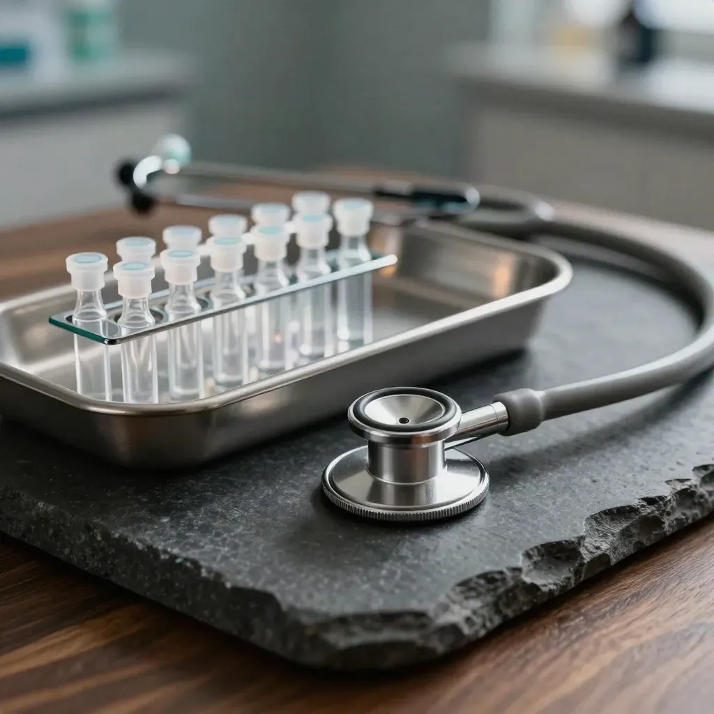 Stethoscope head, sample tray, and vial rack on dark stone in dramatic clinical light.