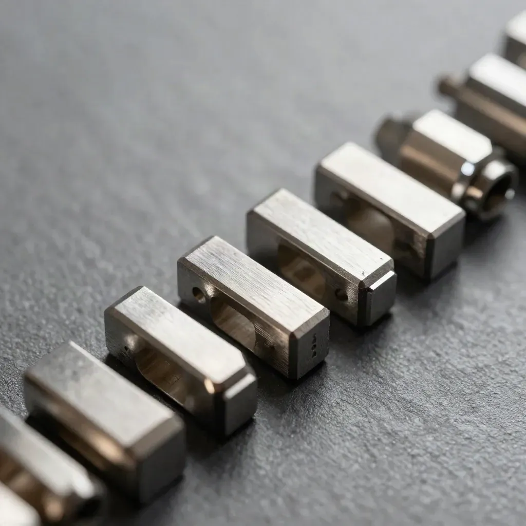 Macro still life of linked metal rings and connector blocks aligned on graphite with soft light.