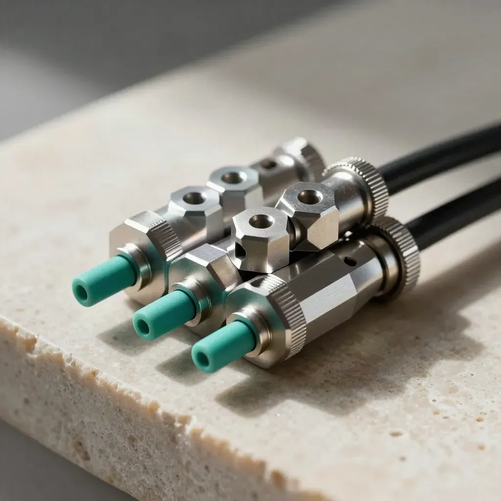 Hex standoffs, spacers, and a braided cable stub on pale limestone with a teal accent.