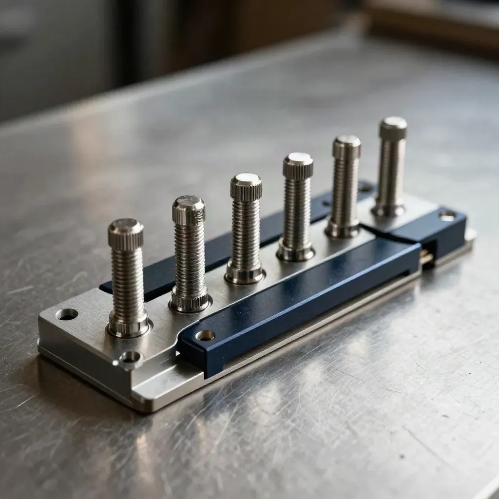 Brushed steel alignment pins and modular plates arranged in a precise row with cool workshop light.