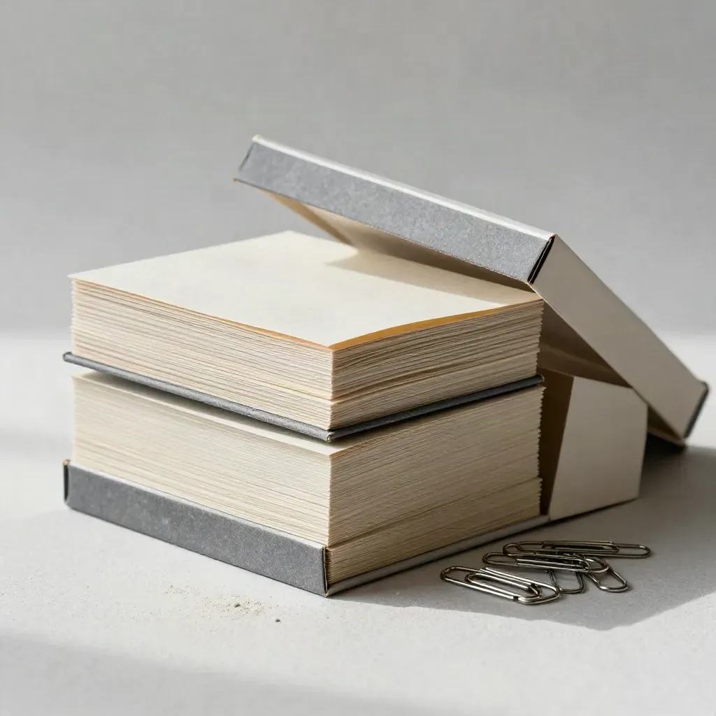 Archival boxes, dividers, and paper clips stacked on pale plaster with soft dust and bokeh.