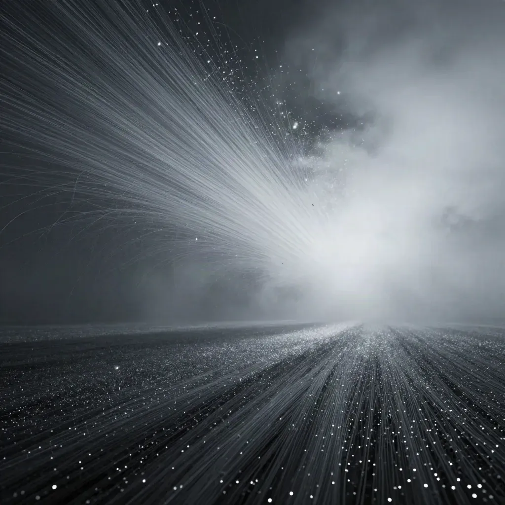 Silver filaments converge into a white bloom in dark haze, leaving calm space below for copy.