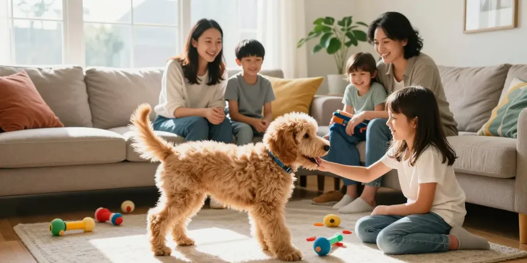 Golden Mountain Doodle puppy playing with kids in a cozy family living room, showcasing joyful interactions.